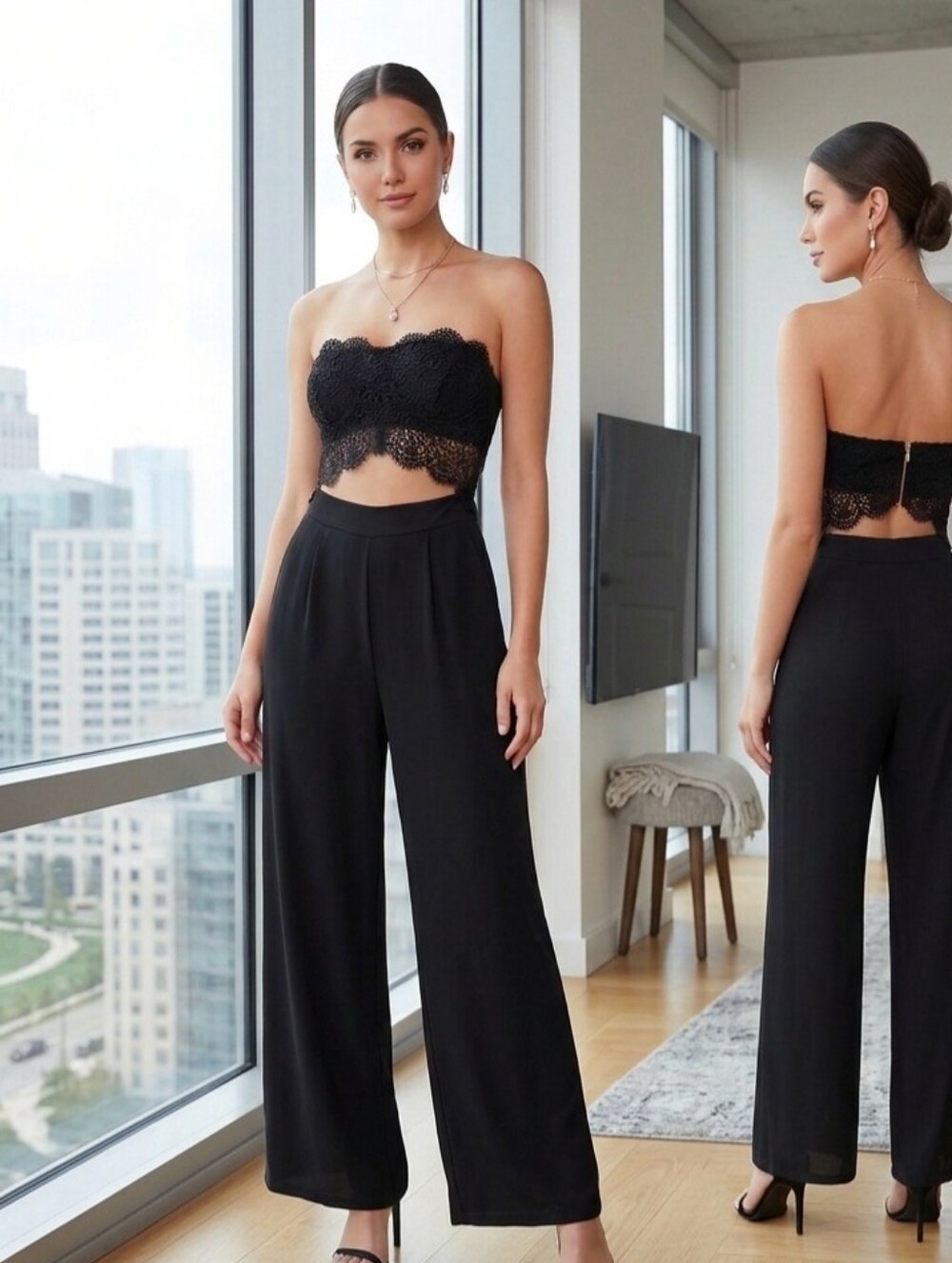 IRIS Black Strapless Crochet Lace Cut Out Wide Leg Jumpsuit Large